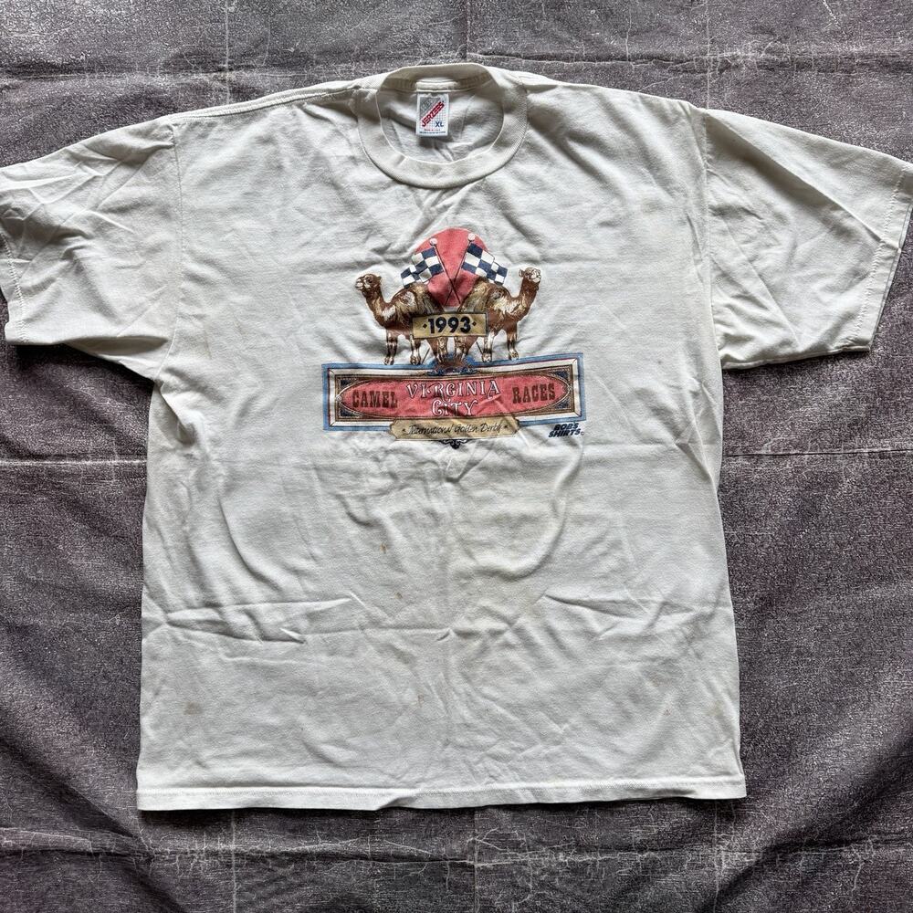 Men's Vintage 90's Jerzees Virginia City Camel Races Derby White T Shirt Sz XL